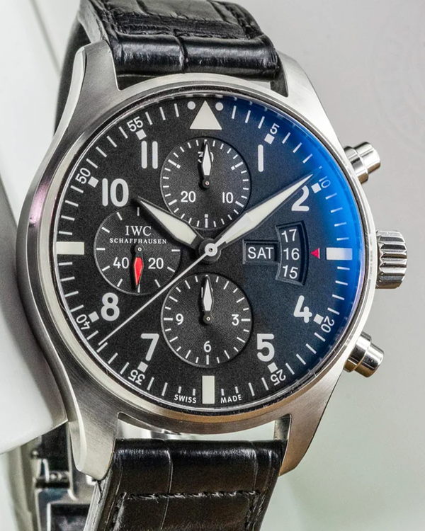 2014 IWC Schaffhausen Pilot Chronograph 43MM Black Dial Leather Strap (IW377701)