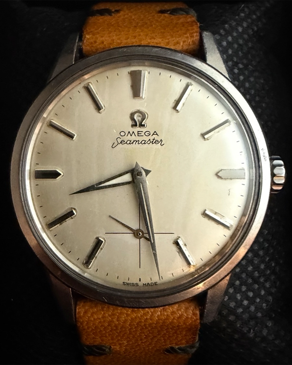 No Reserve - 1959 Omega Seamaster 35MM Champagne Dial Aftermarket Leather Strap (14389)