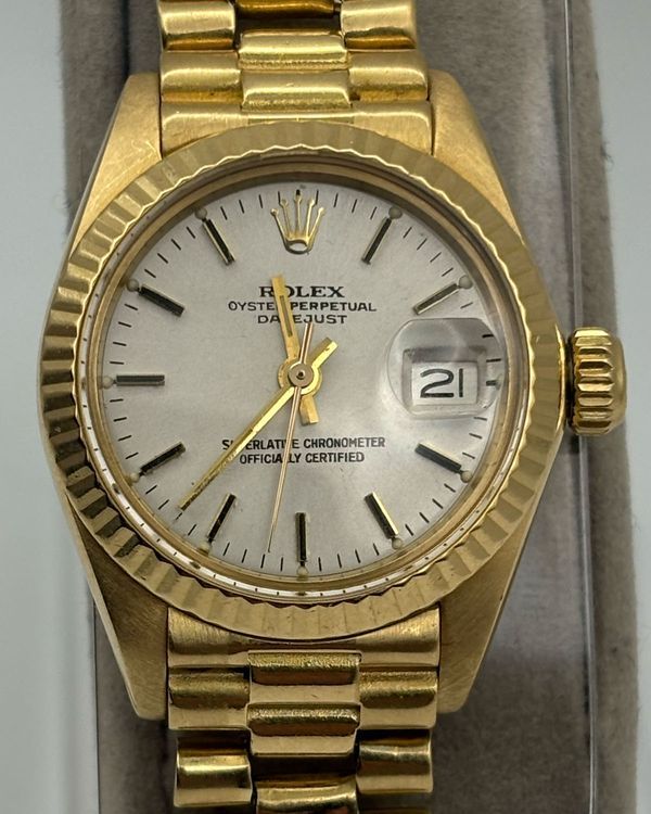 No Reserve - 1980 Rolex Lady-Datejust 26MM Silver Dial Yellow Gold President Bracelet (6917)