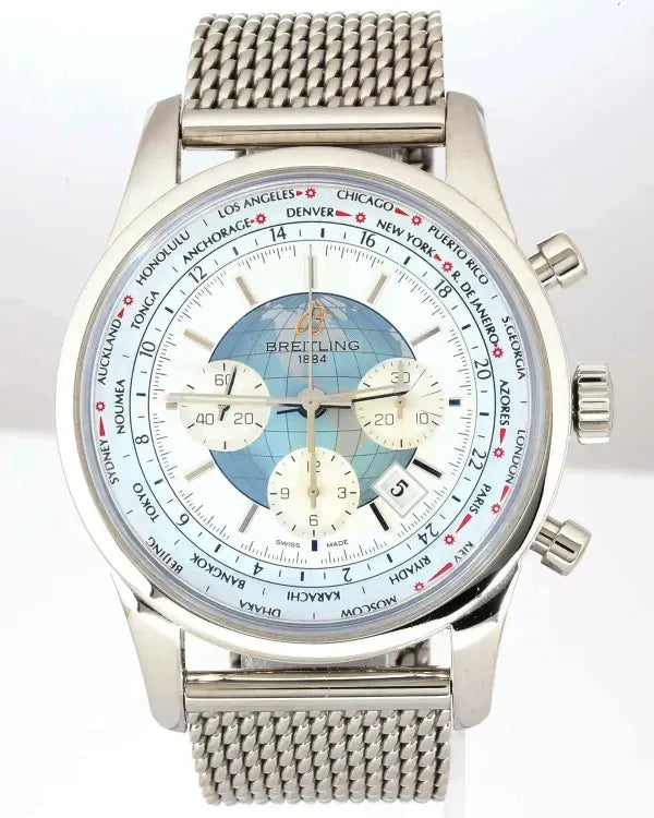 No Reserve - 2012 Breitling Transocean Chronograph Unitime 46MM Silver Dial Steel Bracelet (AB0510)