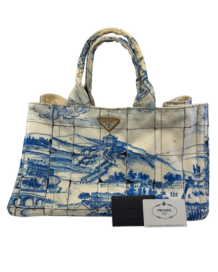 Prada Canapa Azulejos Large Tote 15.75 x 9.84 x 15.39 IN Printed Canvas Gold-Tone Hardware (Azulejos)