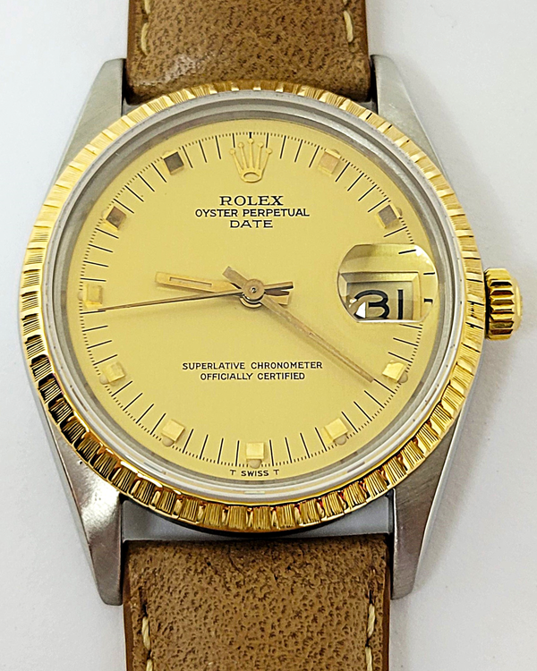 1984 Rolex Oyster Perpetual Date 34MM Champagne Dial Aftermarket Leather Strap (15053)