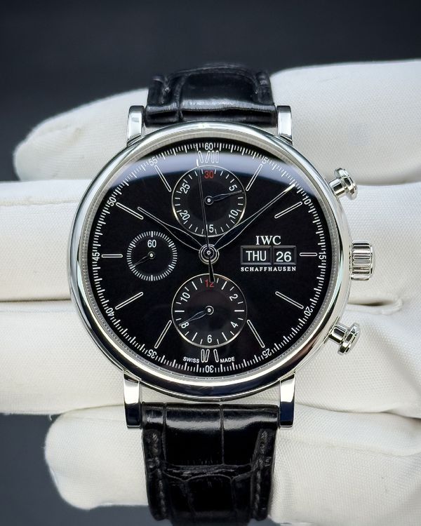 No Reserve - 2021 IWC Schaffhausen Portofino Chronograph 42MM Black Dial Leather Strap (IW391029)