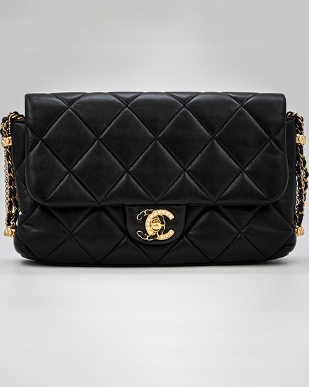Chanel 19 Black 5.91 x 10 x  1.77 IN Quilted Lambskin and Imitation Pearl Multichain Single Flap Gold Hardware (19)