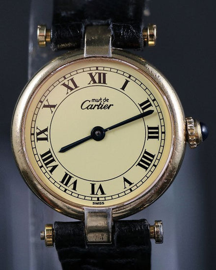 Cartier Vermeil Must Vendome 24MM Quartz Ivory Dial Leather Strap (590004)
