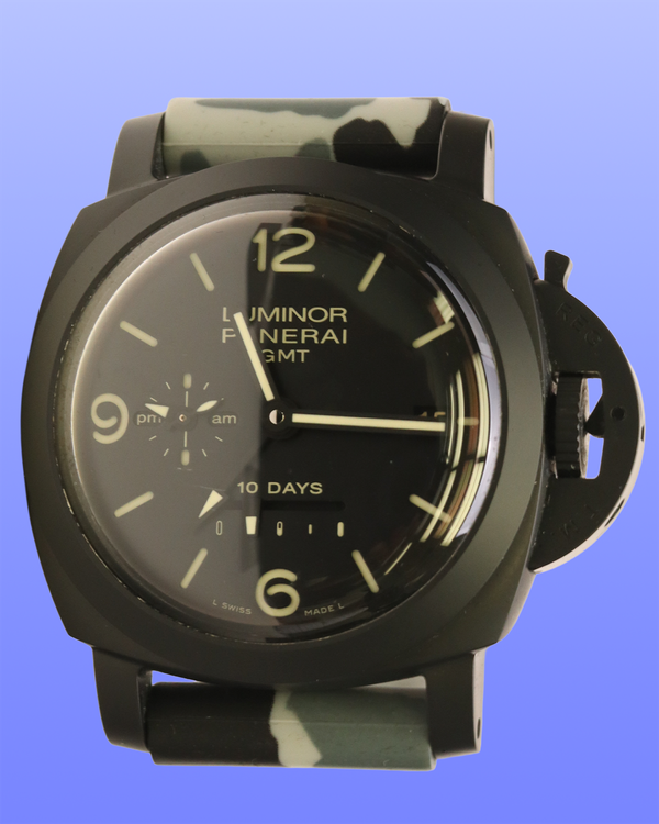 No Reserve - 2014 Panerai Luminor 1950 10 Days GMT 44MM Black Dial Aftermarket Rubber Strap (PAM00335)