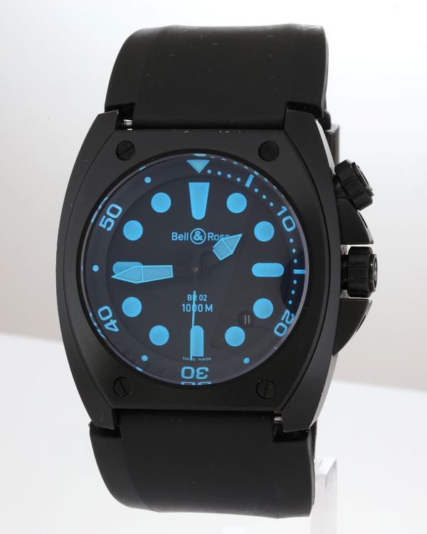 No Reserve - Bell & Ross BR 02 Blue Marine Diver 44MM Black Dial Rubber Strap (BR02-20-S)