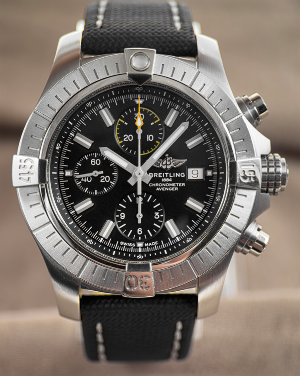 No Reserve - Breitling Avenger Chronograph 45MM Black Dial Leather Strap (A13317)