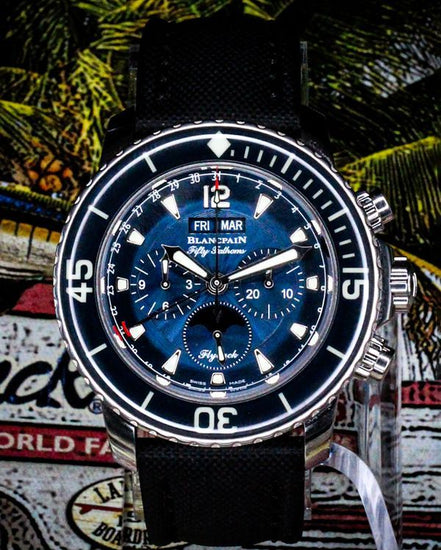 No Reserve - 2021 Blancpain Fifty Fathoms Complete Calendar Chrono Flyback 45MM Blue Dial Textile Strap (5066F-1140-52B)
