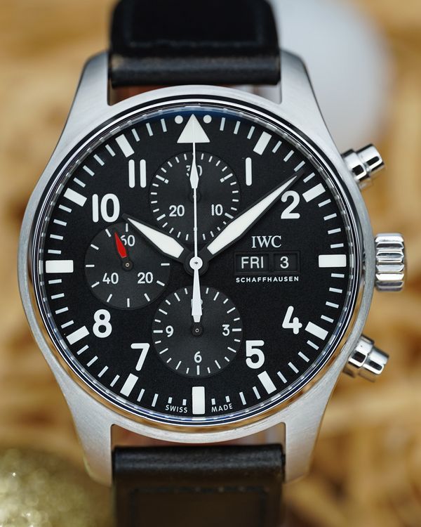 No Reserve - 2017 IWC Schaffhausen Pilot Chronograph 43MM Black Dial Leather Strap (IW377709)