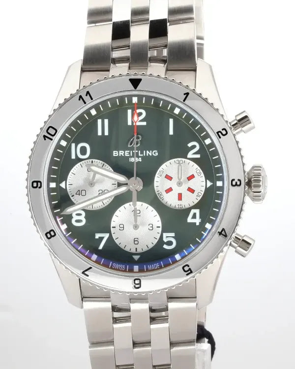 No Reserve - Breitling Classic Avi Chronograph "Curtiss Warhawk" 42MM Green Dial Steel Bracelet (A23380)