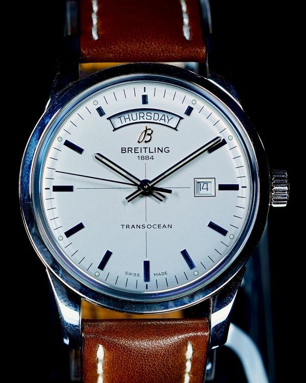 No Reserve - 2020 Breitling Transocean Day & Date 43MM Silver Dial Leather Strap (A45310)