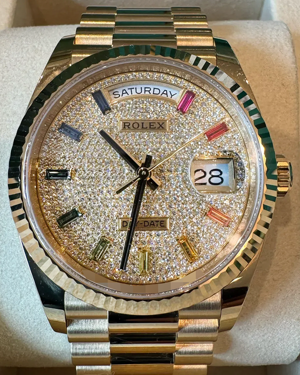 2025 Rolex Day-Date 36MM Diamond Pavé Dial Yellow Gold President Bracelet (128238)