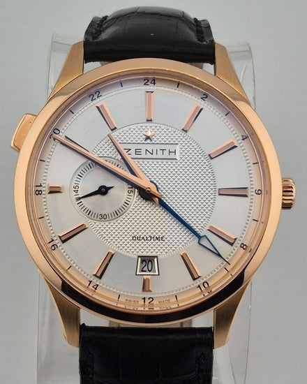 No Reserve - Zenith Elite Captain Dual Time 40MM Silver Dial Leather Strap (18.2130.682/02.C498)