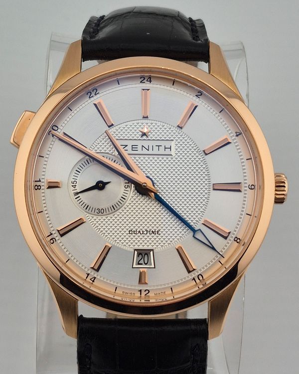 No Reserve - Zenith Elite Captain Dual Time 40MM Silver Dial Leather Strap (18.2130.682/02.C498)