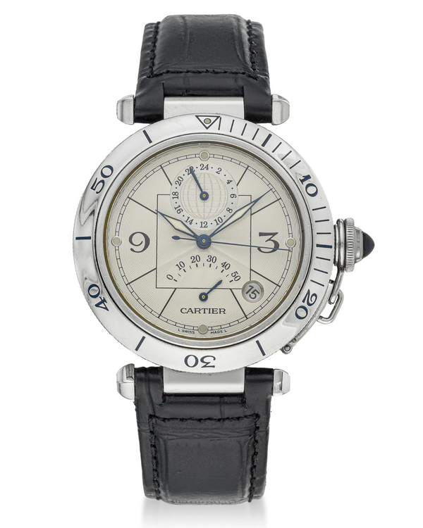 Cartier Pasha De Cartier GMT 38MM Silver Dial Leather Strap (2388)