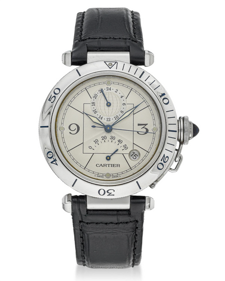 Cartier Pasha De Cartier GMT 38MM Silver Dial Leather Strap (2388)