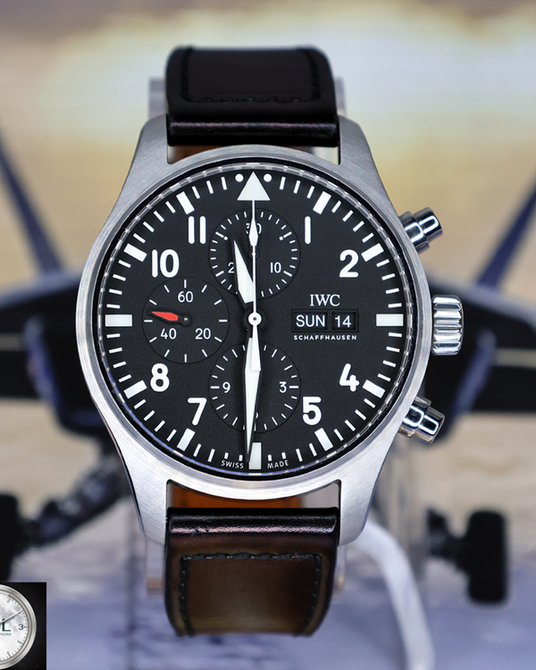 2020 IWC Schaffhausen Pilot Chronograph 43MM Black Dial Leather Strap (IW377709)