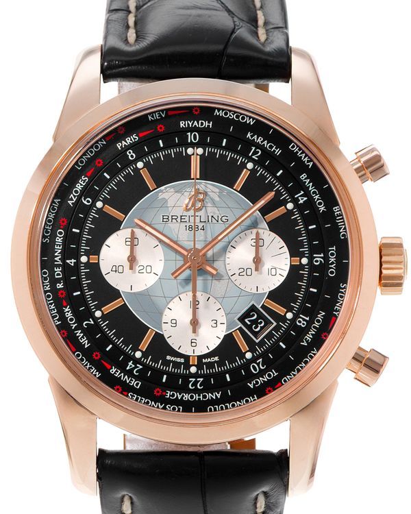 Breitling Transocean Chronograph Unitime 46MM Black Dial Leather Strap (RB0510U4/BB63)