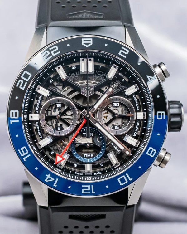2019 Tag Heuer Carrera Chronograph Twin-Time 45MM Skeleton Dial Rubber Strap (CBG2A1Z.FT6157)