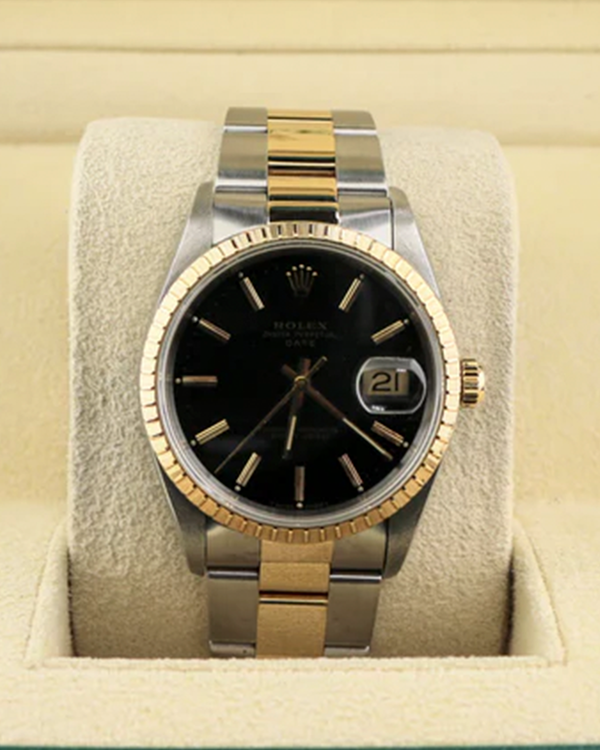 1990 (E Serial) Rolex Oyster Perpetual Date 34MM Black Dial Two-Tone Oyster Bracelet (15223)