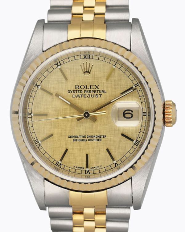 1999 Rolex Datejust 36MM Champagne "Linen Motif" Dial Two-Tone Jubilee Bracelet (16233)