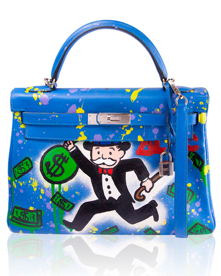 2016 Hermès Kelly 32 Bleu Zanzibar Alec Monopoly Custom Hand Painted Leather Palladium Hardware Leather Strap (Kelly 32)