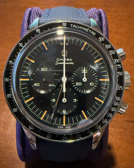 2025 Omega Speedmaster Anniversary Series "First Omega In Space" 39.7MM Blue Dial Aftermarket Rubber Strap (310.30.40.50.06.001)