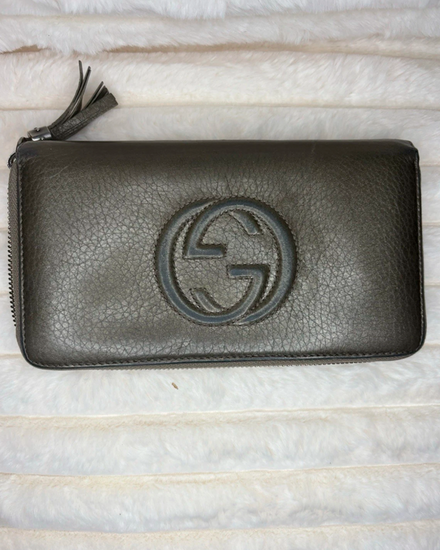 Gucci Soho Metallic Leather Zip Around Continental Wallet 7.2 × 3.9 × 0.8IN Leather Gunmetal Hardware (Soho Wallet)