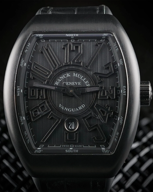 Franck Muller Vanguard All Black PVD 44MM Black Dial Leather Strap (V45 SC DT TT BR NR)