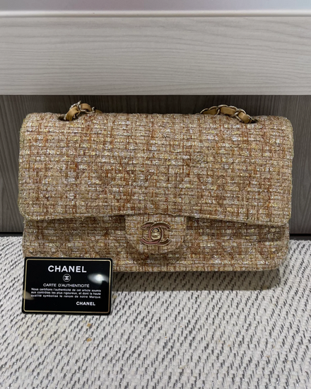 Chanel Accessories Classic Medium Double Flap Shoulder Bag 10.2 × 6.7 × 2.7IN Tweed Gold-Tone Hardware Leather/Chain Strap (Classic Medium)