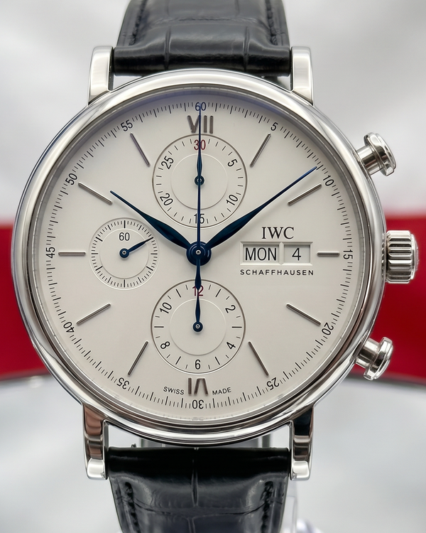 2021 IWC Schaffhausen Portofino Chronograph 42MM Silver Dial Aftermarket Leather Strap (IW391027)