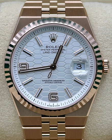 2025 Rolex Land-Dweller 40MM White "Honeycomb" Dial Rose Gold Flat Jubilee Bracelet (127335)