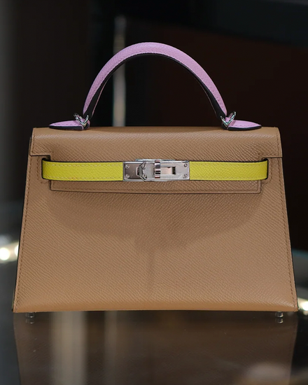 2022 Hermès Kelly Mini II 20 Sellier Tricolor 7.5 x 5 x 2.25IN Chai/Lime/Mauve Epsom Leather Palladium Hardware Aftermarket Leather Strap (Mini Kelly II)