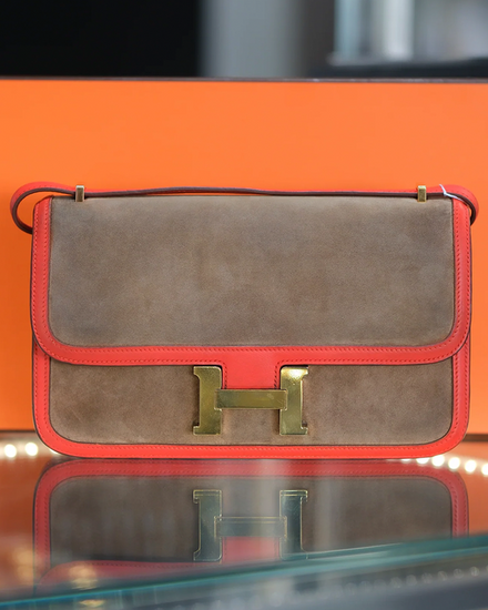2015 Hermès Constance Elan 25 Shoulder Bag 9.8 x 7.25 x 2.75IN Capucine Red Suede Gold-Tone Hardware Leather Shoulder Strap (25)