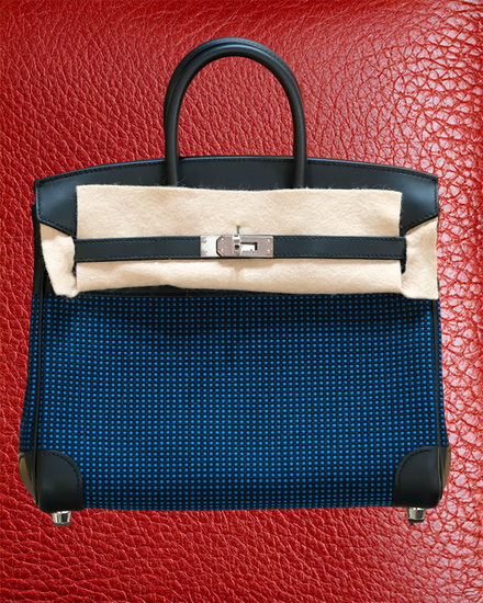 2024 Hermès Birkin 25 Handbag 9.8 IN Noir Quadrille Canvas Swift Leather Égée Palladium Hardware Double Top Handles (Hand Bag)