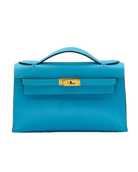 2018 Hermès Kelly Mini 2.8 x 8.5 x 4.7IN Pochette Celeste Swift  Leather Yellow Gold Hardware Leather Strap (H051838CC)