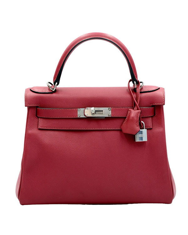 Hermès Kelly 28 Handbag 11.0 × 8.7 × 4.0 in Evergrain Leather Palladium Hardware Top Handle & Shoulder Strap (Hand Bag)