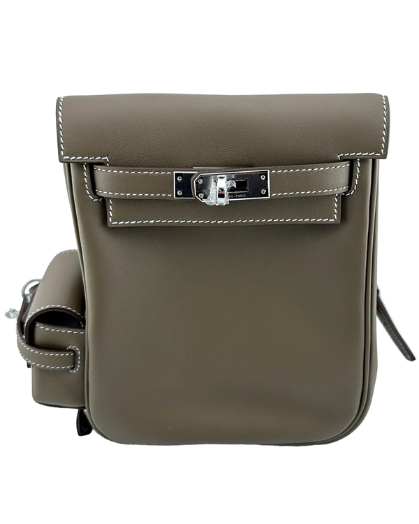 2024 Hermès Mini Kelly Jump Backpack 5.9 × 7.1 × 2.4 IN Etoupe Swift Leather Palladium Hardware Adjustable Leather Backpack Straps (Backpack)