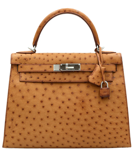 2010 Hermès Kelly 28 Handbag 11.0 × 8.7 × 4.0 IN Cognac Ostrich Leather Palladium Hardware Top Handle & Shoulder Strap (Handbag)