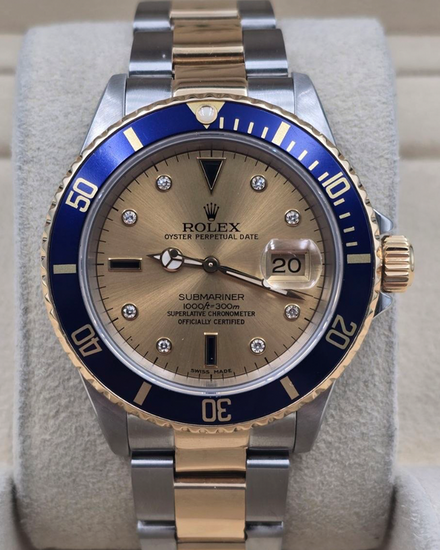 1991 Rolex Submariner Date "Bluesy" 40MM Champagne "Serti" Dial Two-Tone Oyster Bracelet (16613)