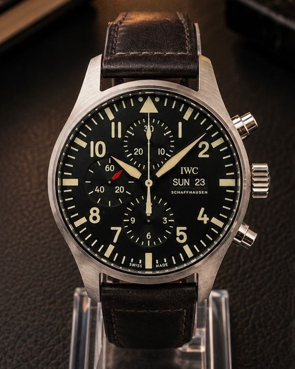 No Reserve - 2019 IWC Schaffhausen Pilot Chronograph 43MM Black Dial Leather Strap (IW377709)