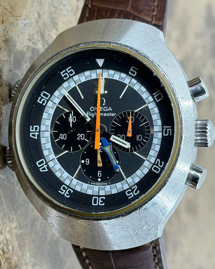 1975 Omega Flightmaster Chronograph GMT 43MM Black Dial Aftermarket Leather Strap (145.036)