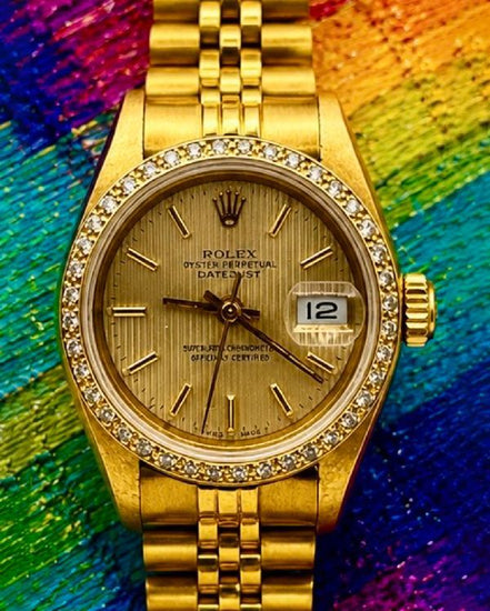 No Reserve - 1989 Rolex Lady-Datejust 26MM Silver "Tapestry" Dial Aftermarket Gold Plated Jubilee Bracelet (69178)