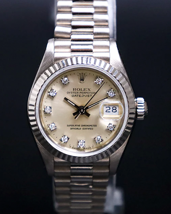 Rolex Lady-Datejust 26MM Champagne Dial White Gold President Bracelet (69179)