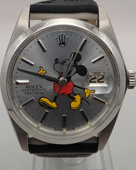 Rolex Oyster Precision Date 34MM Aftermarket Silver "Mickey Mouse" Dial Aftermarket Rubber Strap (6694)