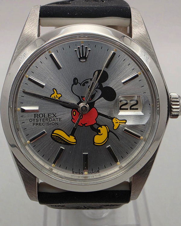 Rolex Oyster Precision Date 34MM Aftermarket Silver "Mickey Mouse" Dial Aftermarket Rubber Strap (6694)