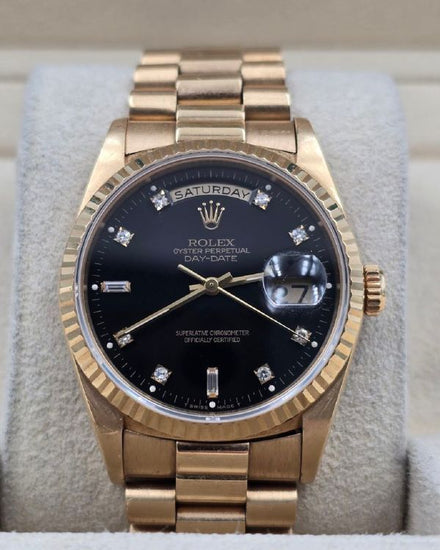1996 Rolex Day-Date 36MM Black Dial Yellow Gold President Bracelet (18238)