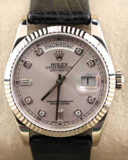 2006 Rolex Day-Date 36MM Silver Dial Aftermarket Leather Strap (118239)