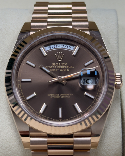 2026 Rolex Day-Date 40MM Chocolate Dial Rose Gold President Bracelet (228235)